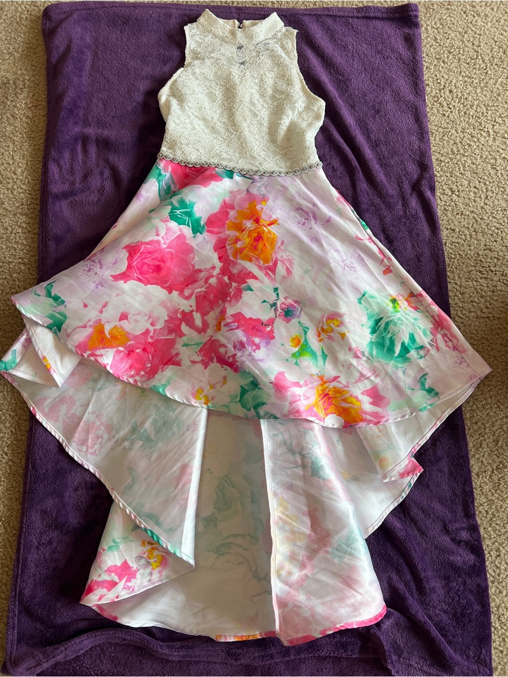 Speechless Girls White Lace Bodice Floral Hi-Low Dress